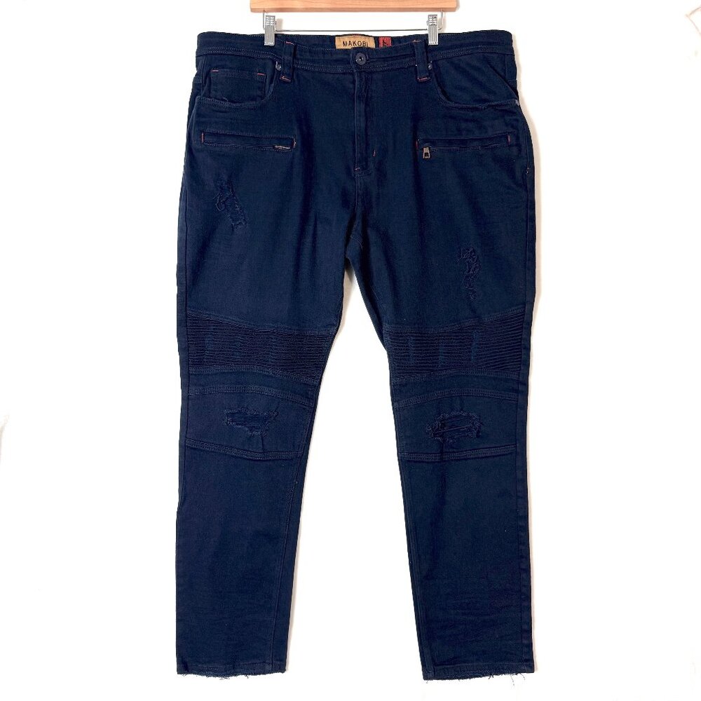 MAKOBI Denim M1961 Doll Biker Moto Cotton Distressed Slim Fit Jeans Mens 42 Blue